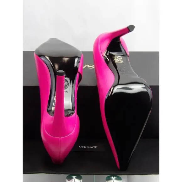 NIB VERSACE PINK LEATHER GOLD MEDUSA SANDALS 100 MM HEEL PUMPS 36.5 6.5 SPAIN - Picture 3 of 8